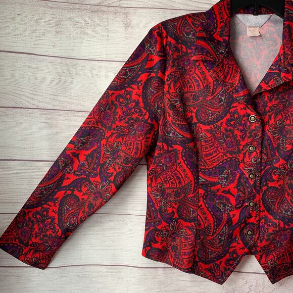 Vintage Blair Red Paisley Button Up Blouse Long Sleeve V-Neck Size 12P - Picture 4 of 15